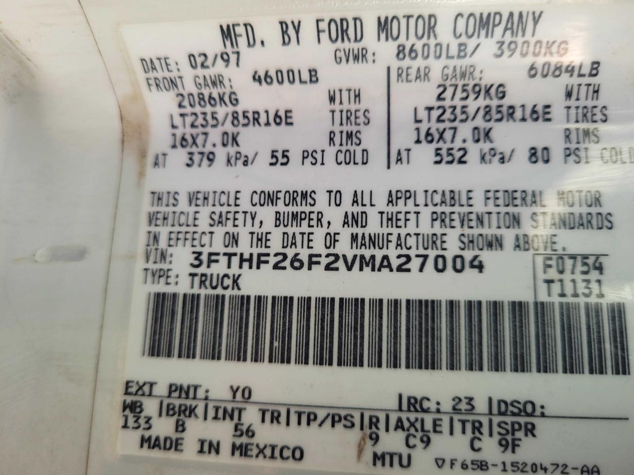 1997 Ford F250 VIN: 3FTHF26F2VMA27004 Lot: 43172115