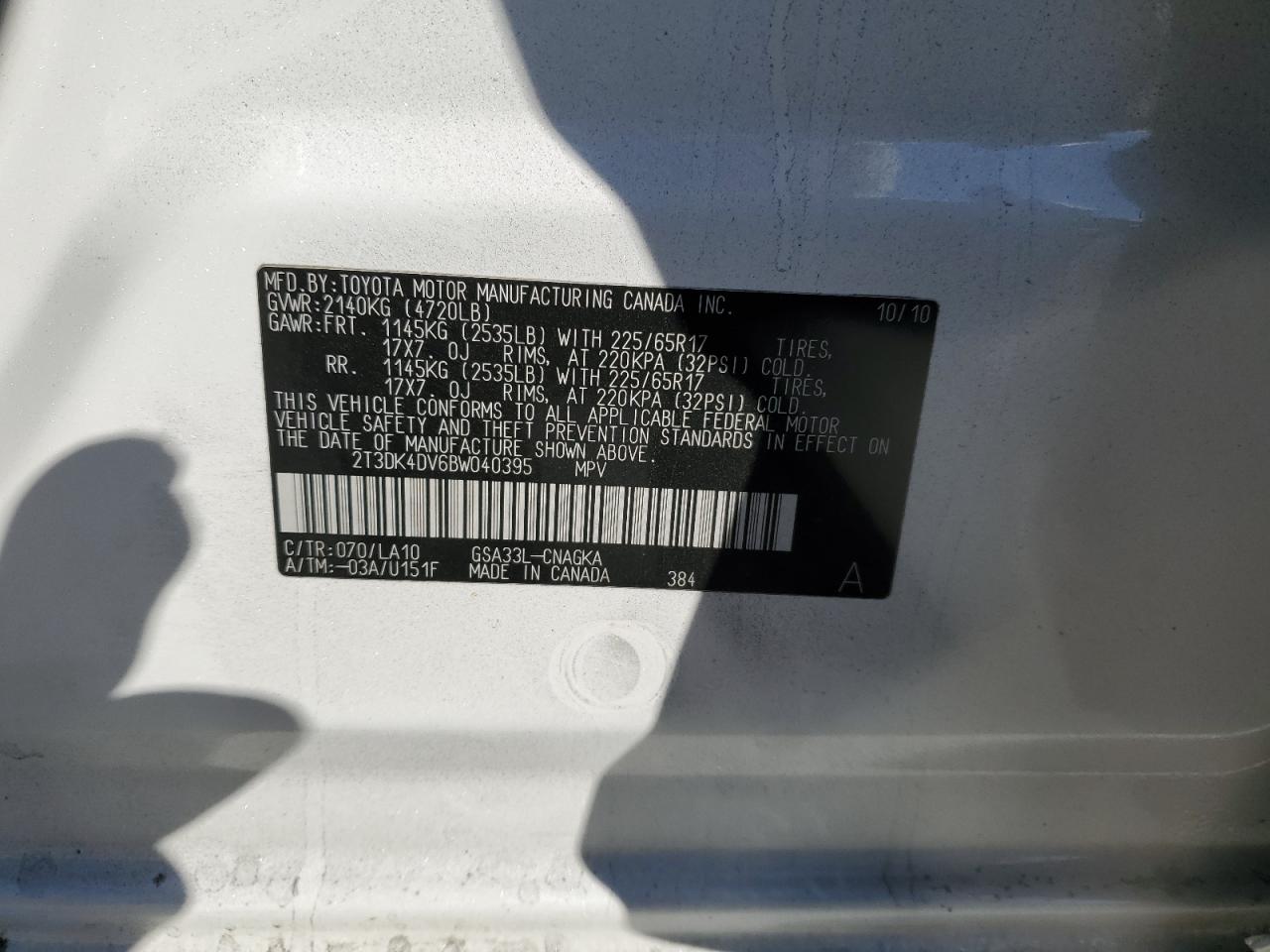 2011 Toyota Rav4 Limited VIN: 2T3DK4DV6BW040395 Lot: 42766255