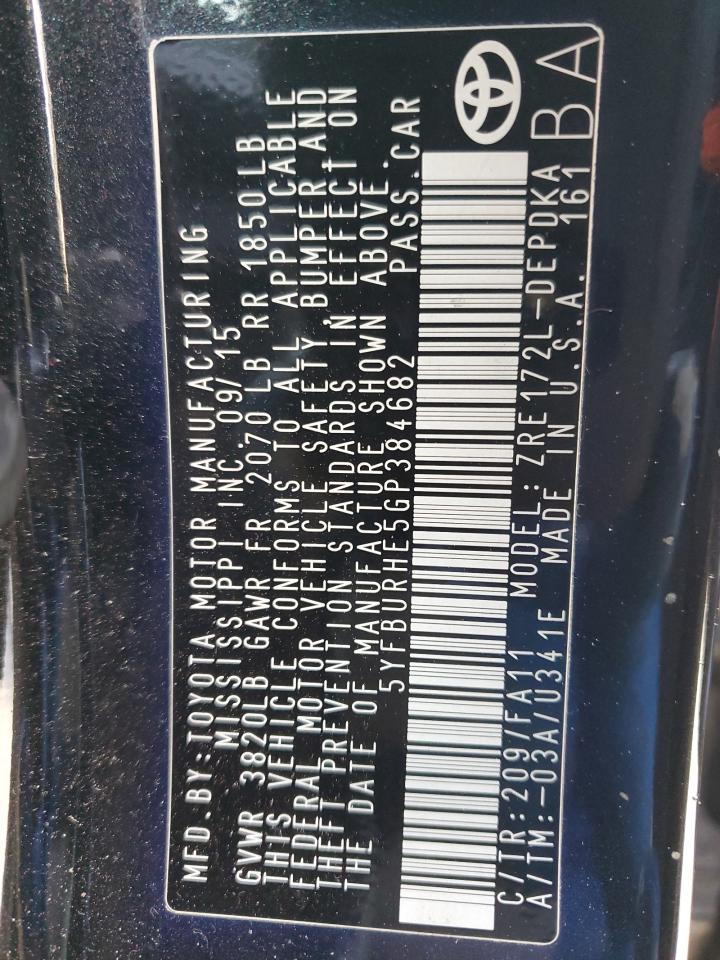 2016 Toyota Corolla L VIN: 5YFBURHE5GP384682 Lot: 42752845