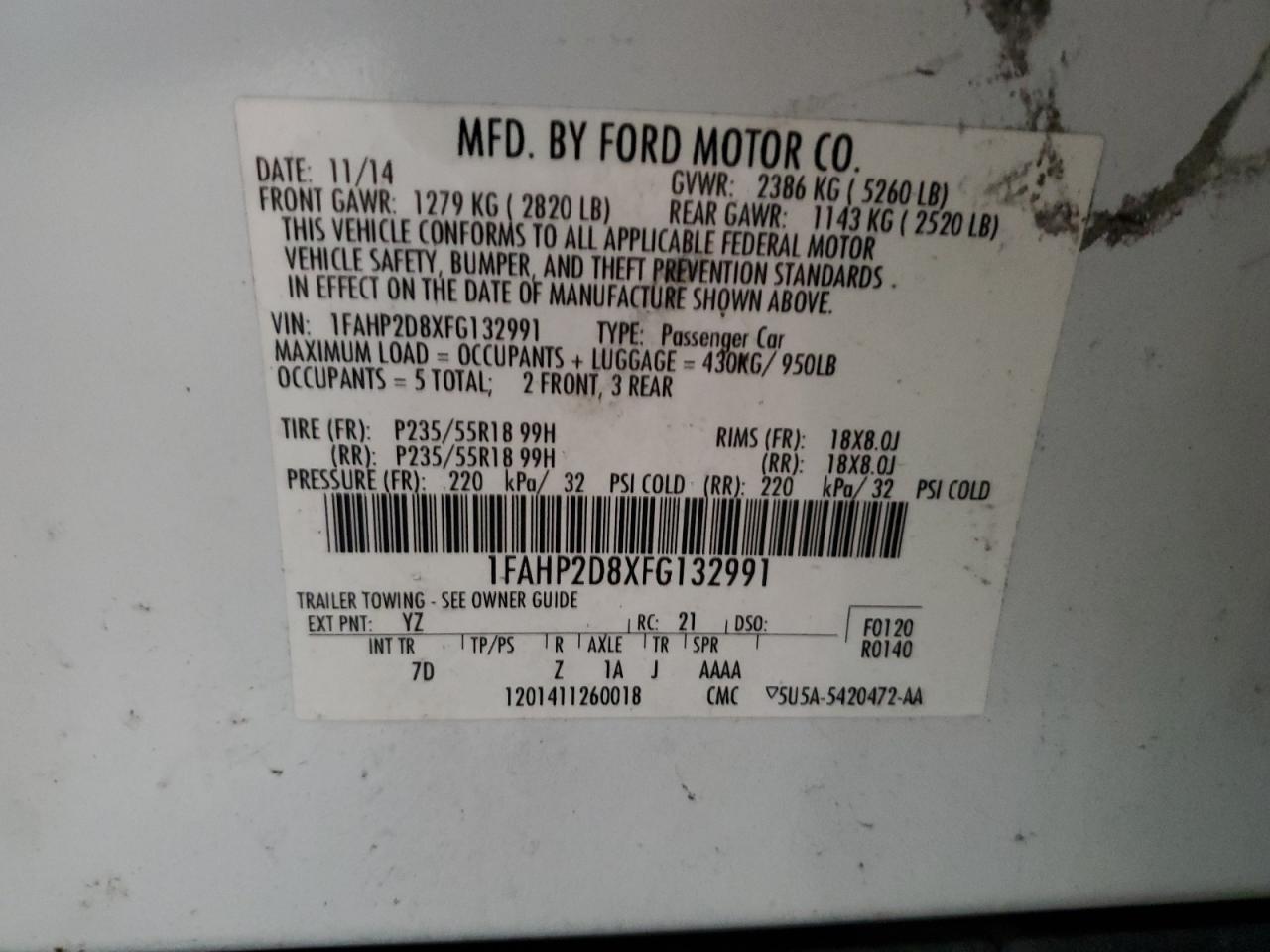 2015 Ford Taurus Se VIN: 1FAHP2D8XF132991 Lot: 42377065