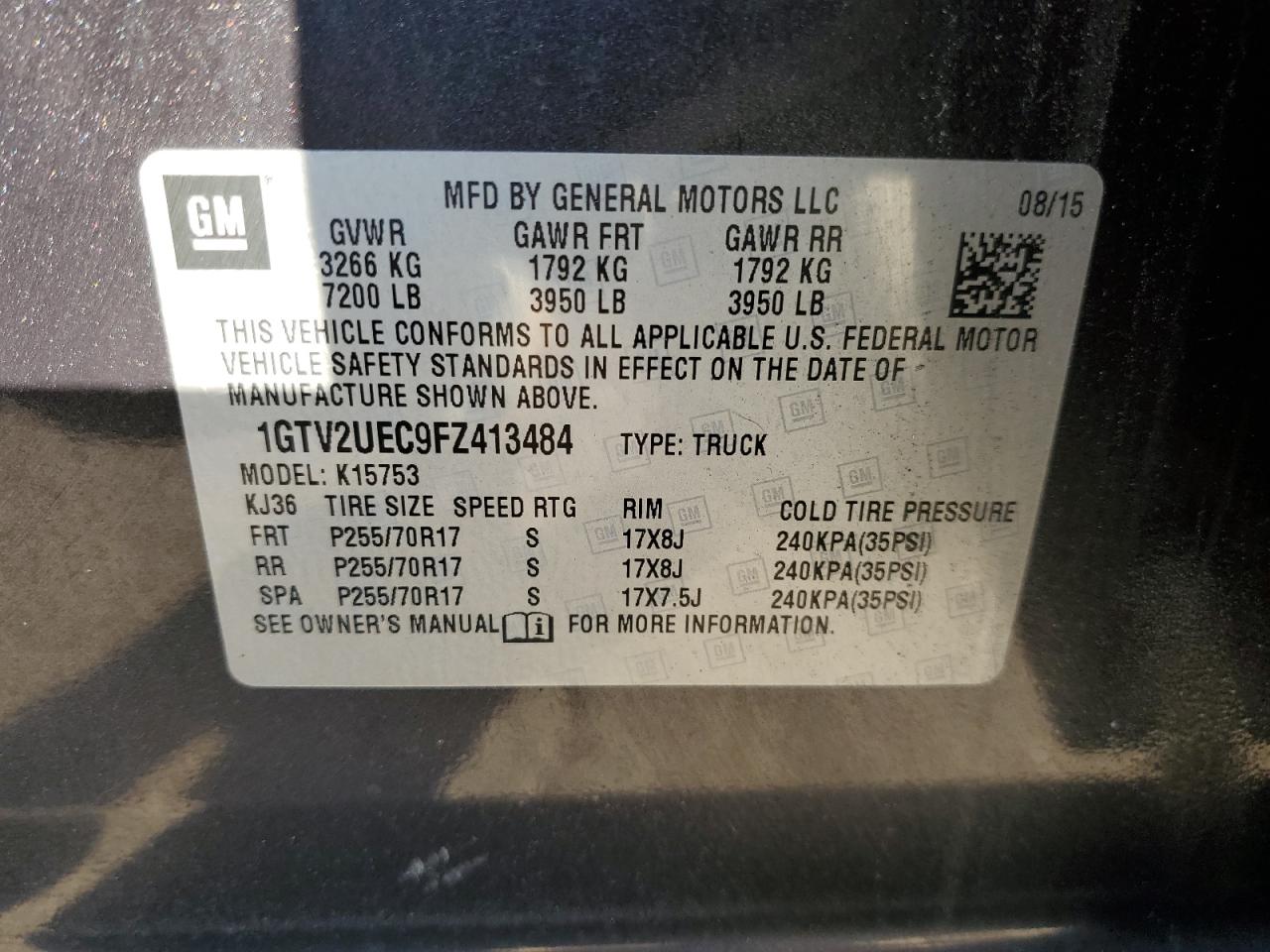 2015 GMC Sierra K1500 Sle VIN: 1GTV2UEC9FZ413484 Lot: 42465995