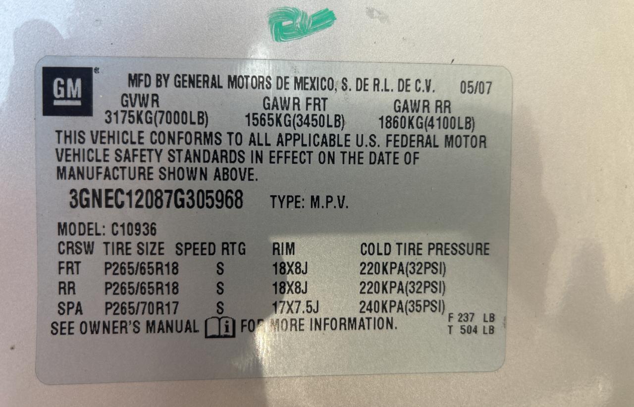 2007 Chevrolet Avalanche C1500 VIN: 3GNEC12087G305968 Lot: 87603455