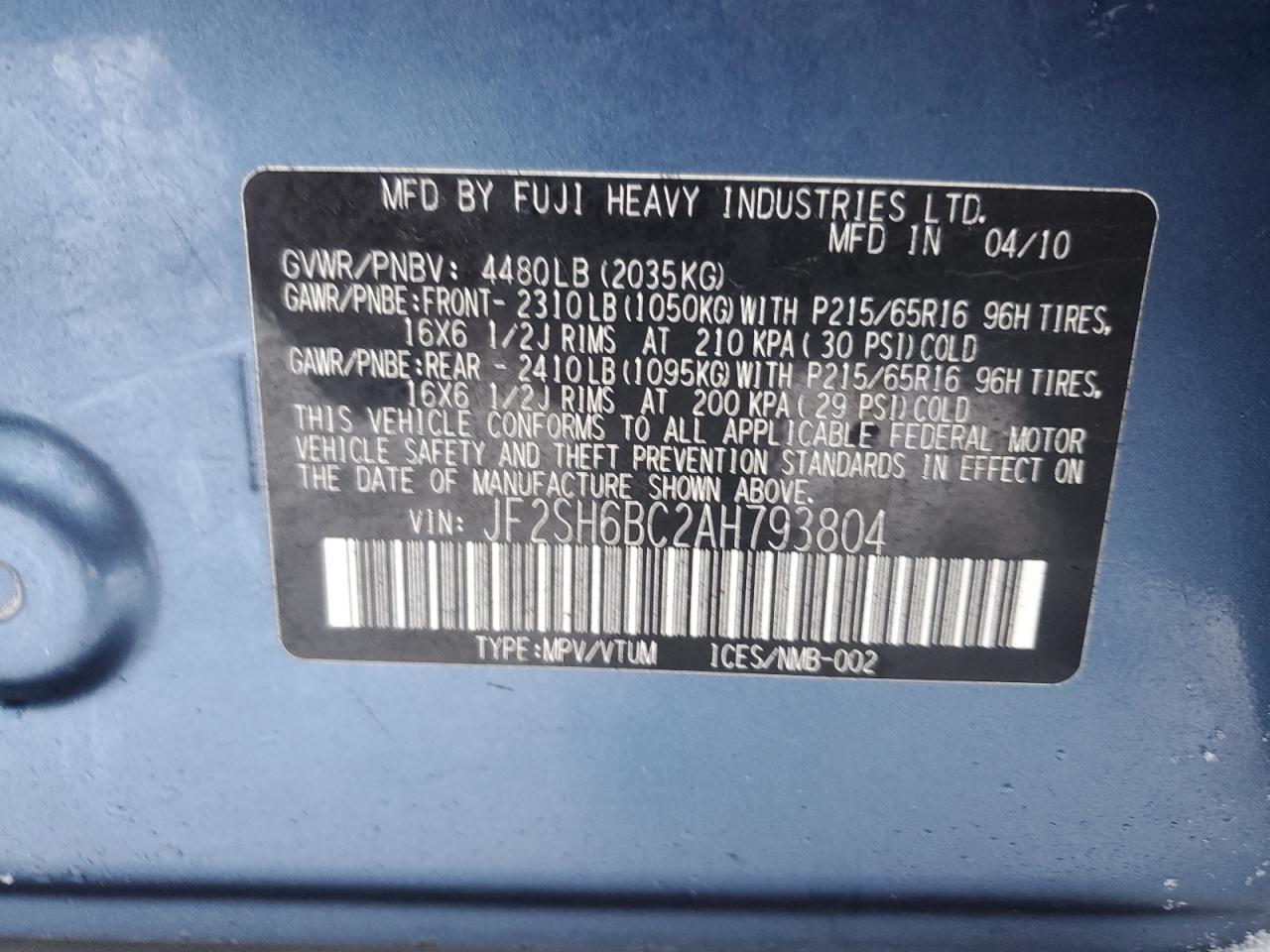 2010 Subaru Forester Xs VIN: JF2SH6BC2AH793804 Lot: 83773854