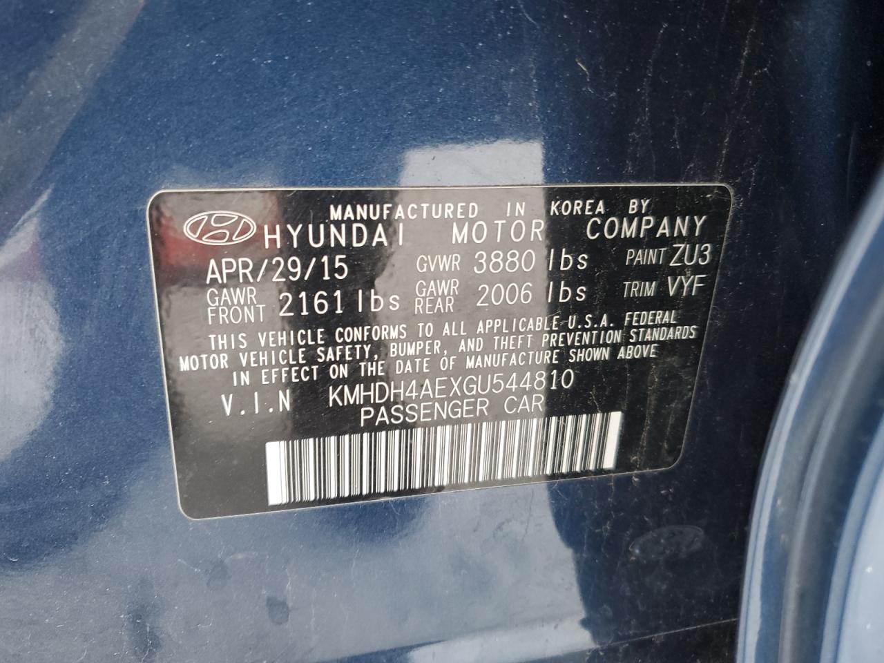 VIN KMHDH4AEXGU544810 2016 HYUNDAI ELANTRA no.12