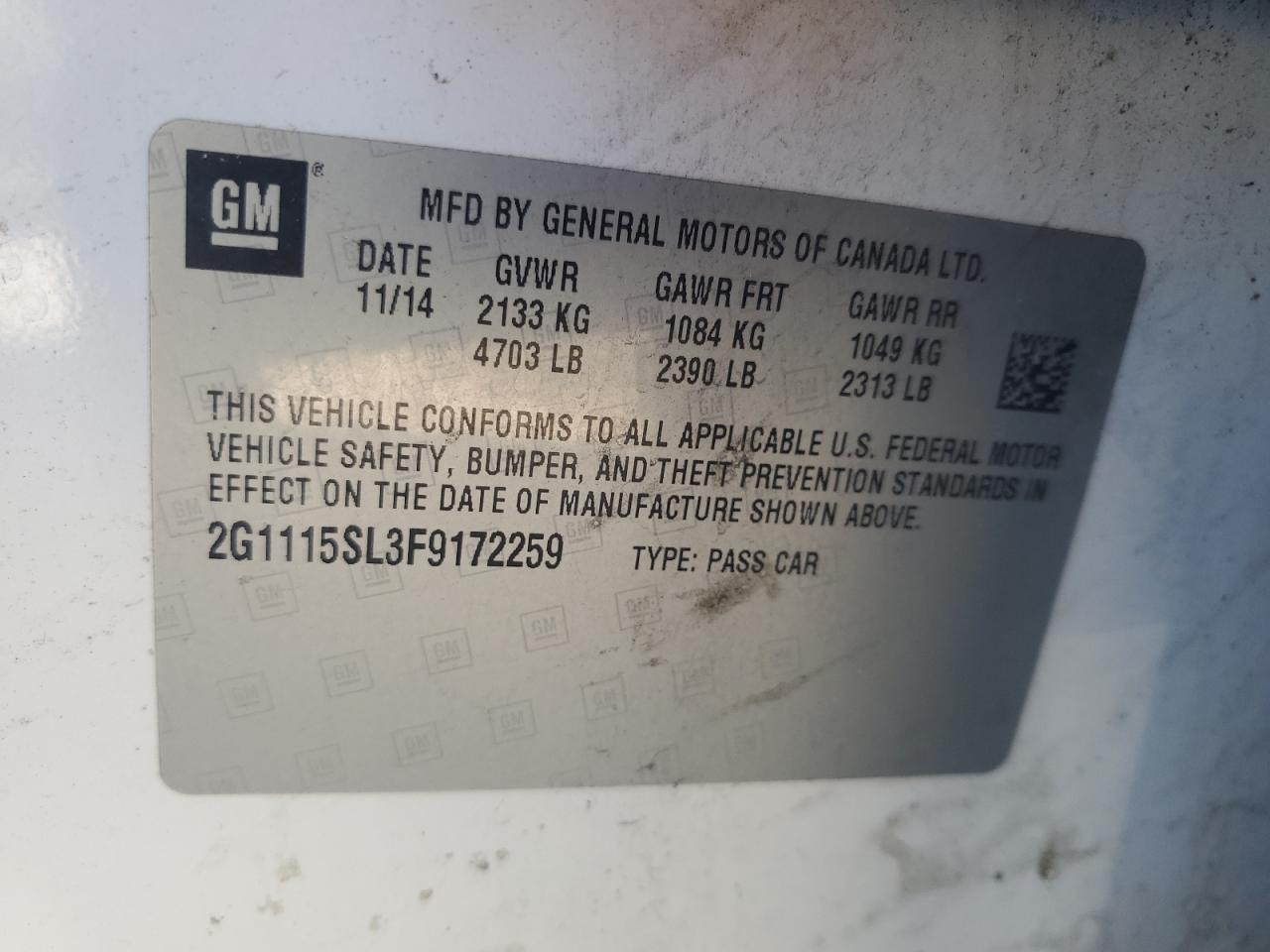 VIN 2G1115SL3F9172259 2015 CHEVROLET IMPALA no.12