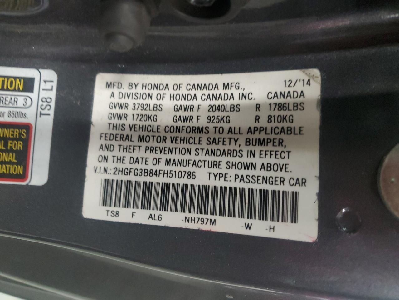 VIN 2HGFG3B84FH510786 2015 HONDA CIVIC no.12