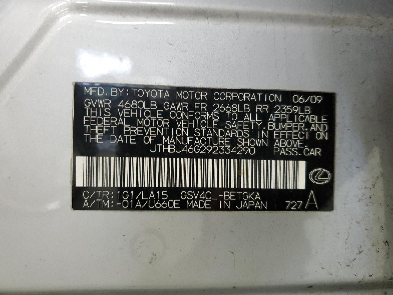 2009 Lexus Es 350 VIN: JTHBJ46G292334290 Lot: 87255344