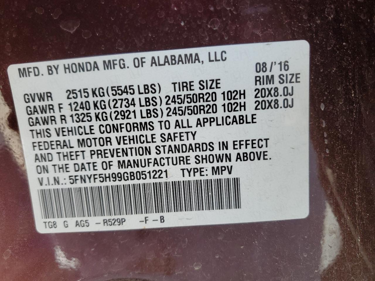 2016 Honda Pilot Touring VIN: 5FNYF5H99GB051221 Lot: 87748155