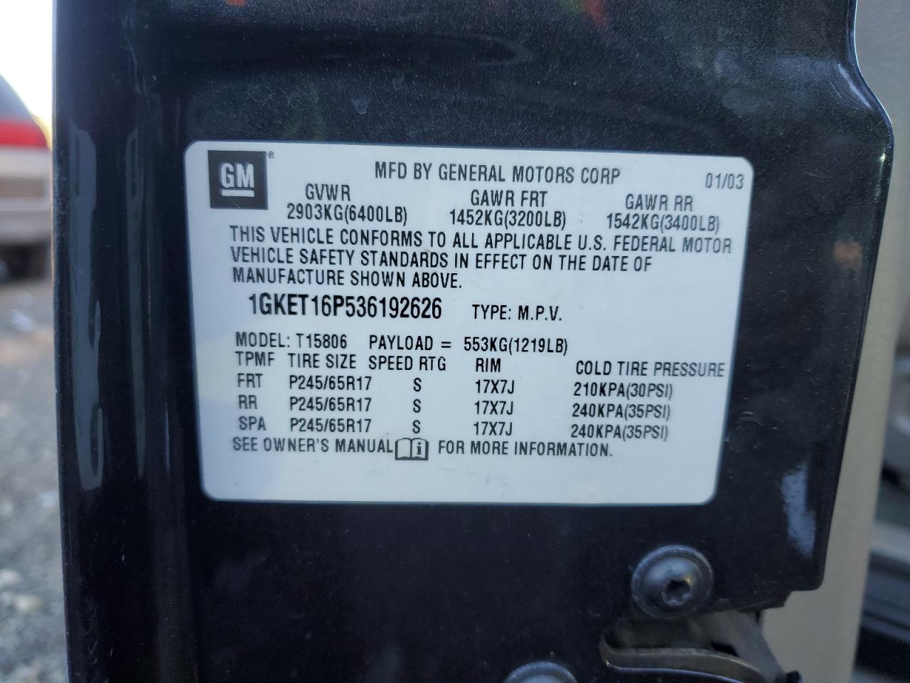 2003 GMC Envoy Xl VIN: 1GKET16P536192626 Lot: 88777765