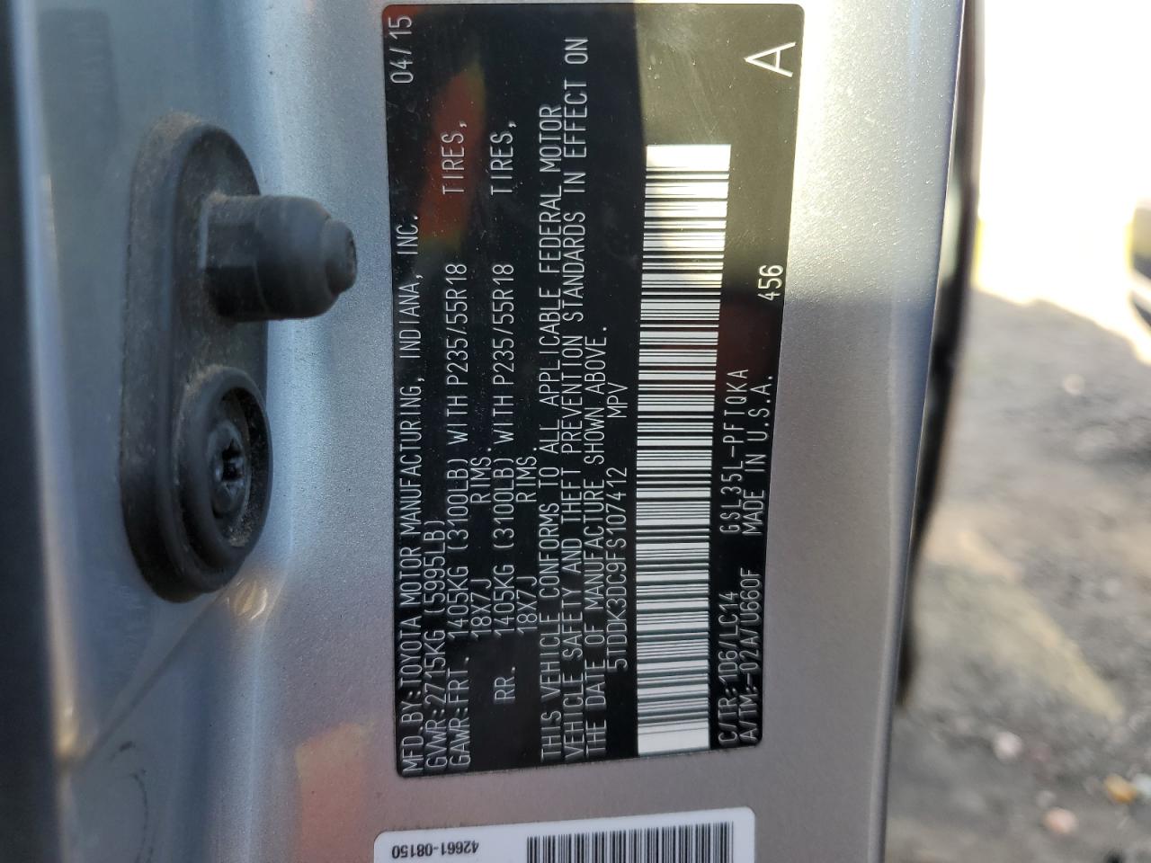 VIN 5TDDK3DC9FS107412 2015 TOYOTA All Models no.13