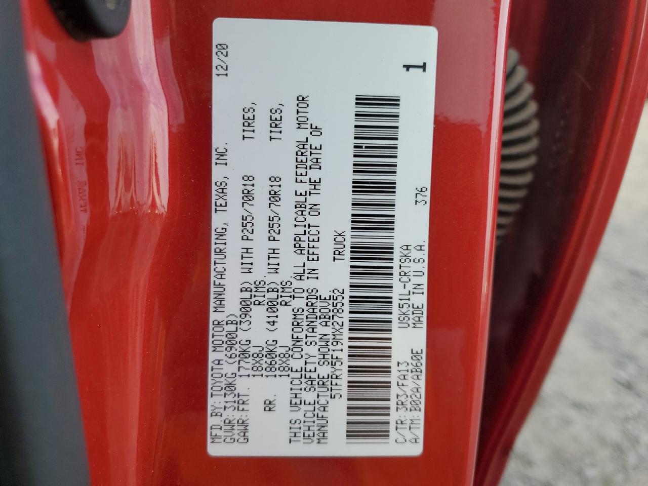 2021 Toyota Tundra Double Cab Sr VIN: 5TFRY5F19MX278552 Lot: 41415275