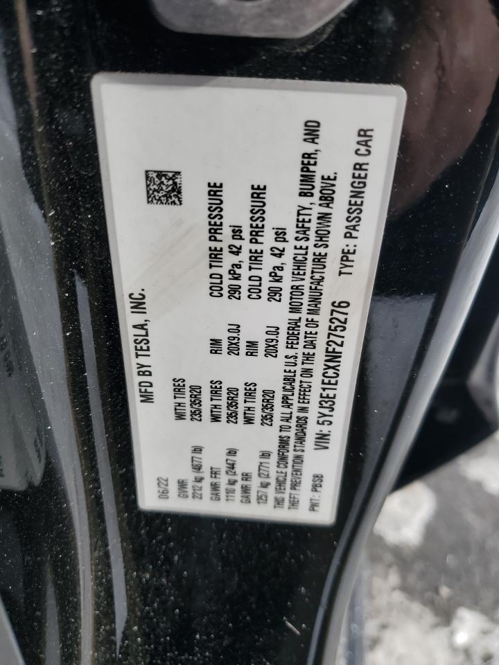 2022 Tesla Model 3 VIN: 5YJ3E1ECXNF275276 Lot: 88771685