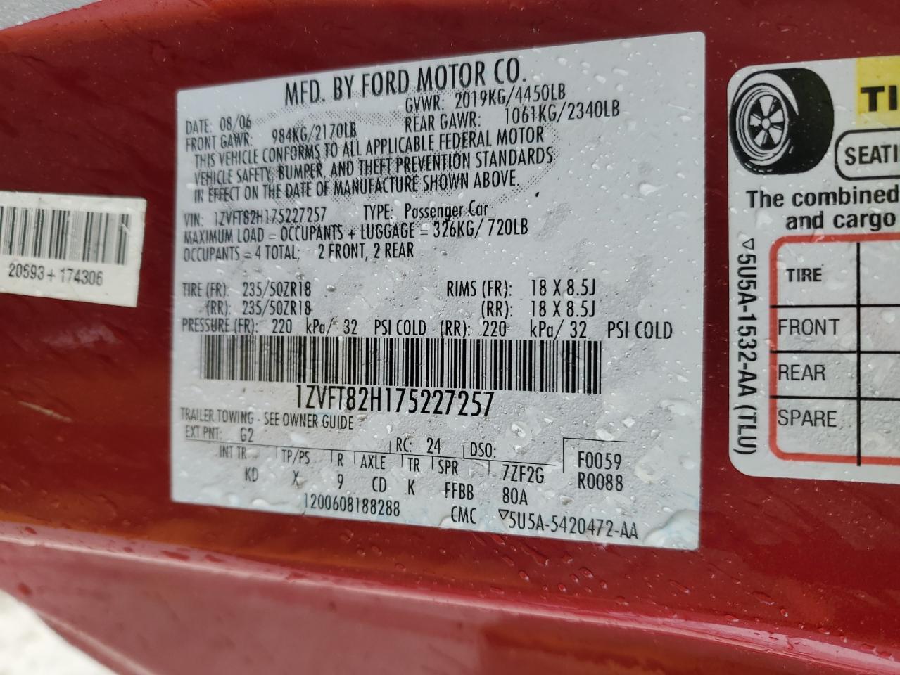 2007 Ford Mustang Gt VIN: 1ZVFT82H175227257 Lot: 42344225