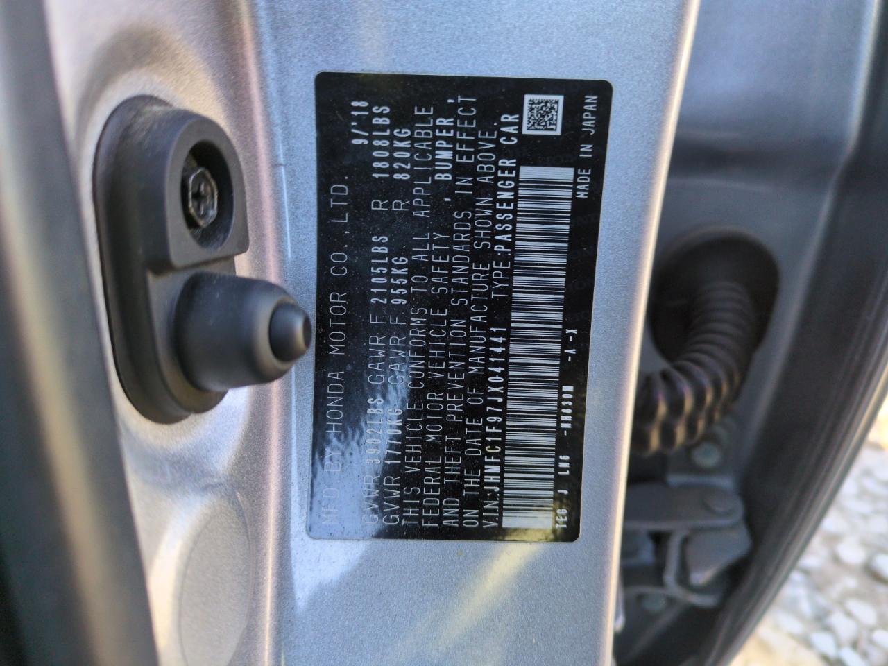 2018 Honda Civic Touring VIN: JHMFC1F97JX041441 Lot: 89203895