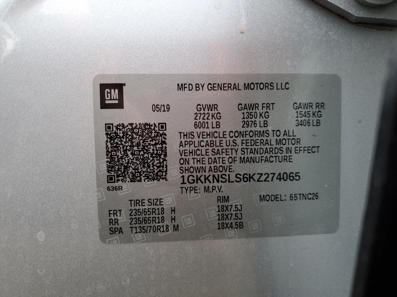 VIN 1GKKNSLS6KZ274065 2019 GMC ACADIA no.14