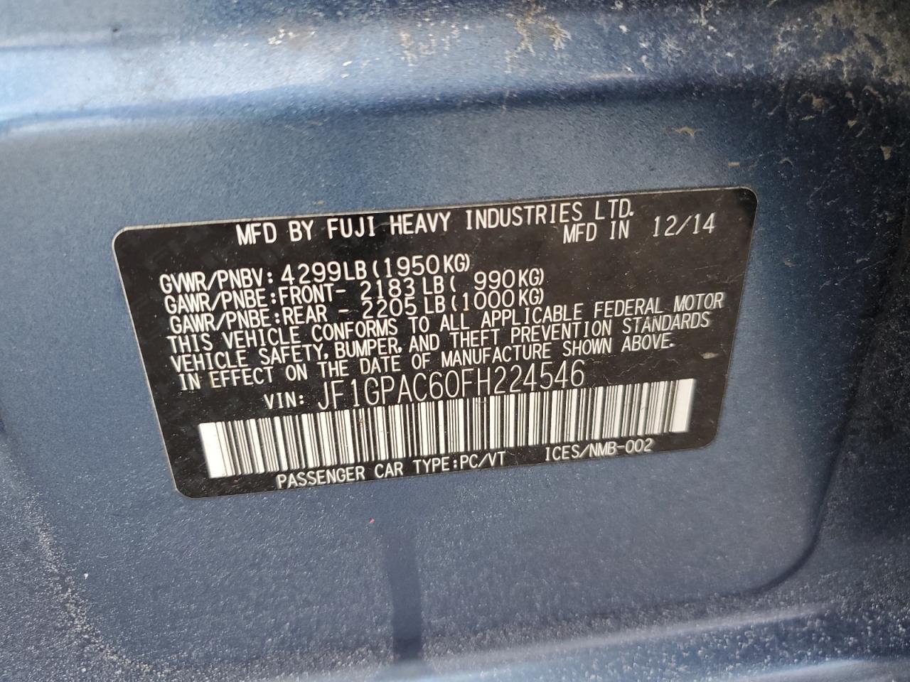Auction sale of the 2015 SUBARU IMPREZA , vin: JF1GPAC60FH224546, lot number: 42500515