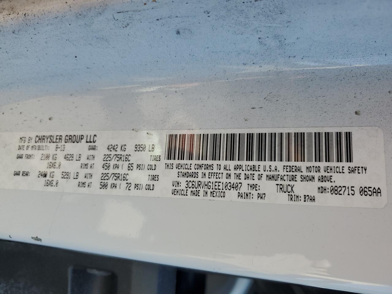 2014 Ram Promaster 3500 3500 High VIN: 3C6URVHG1EE10407 Lot: 42299935