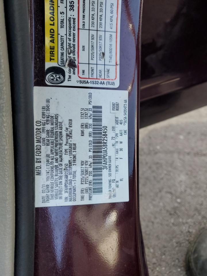 2011 Ford Fusion Sel VIN: 3FAHP0JA5BR258450 Lot: 87090334