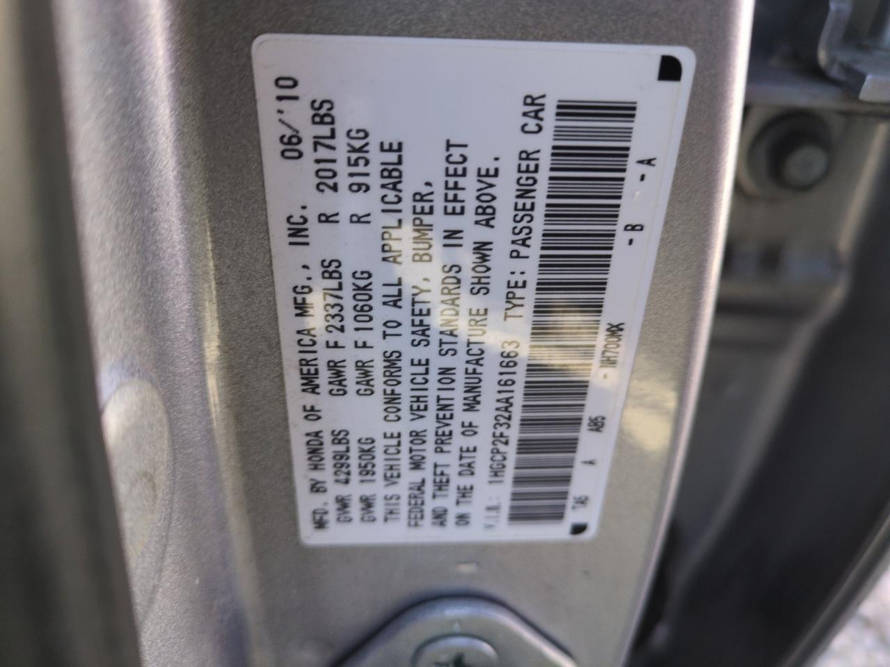 2010 Honda Accord Lx VIN: 1HGCP2F32AA161663 Lot: 87477694