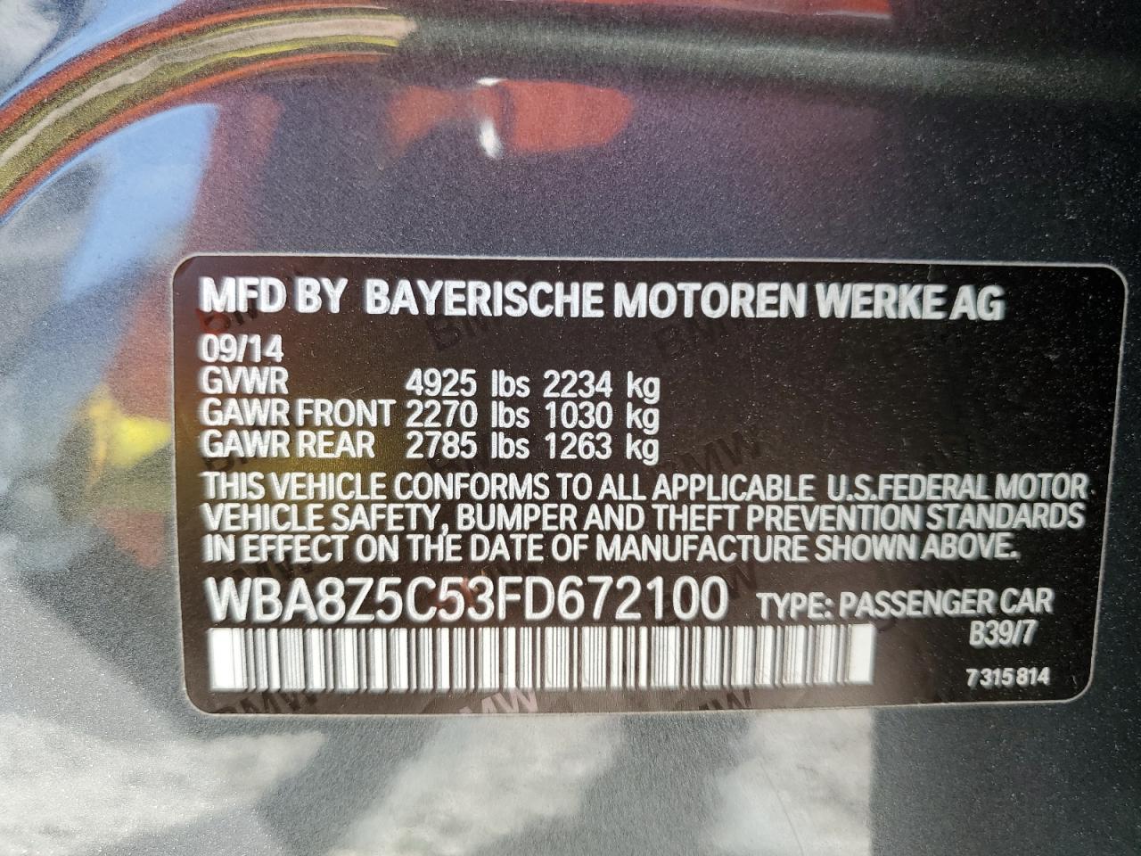 VIN WBA8Z5C53FD672100 2015 BMW 3 SERIES no.12