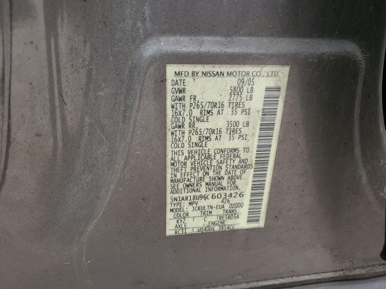 2006 Nissan Pathfinder Le VIN: 5N1AR18U96C603426 Lot: 87918015