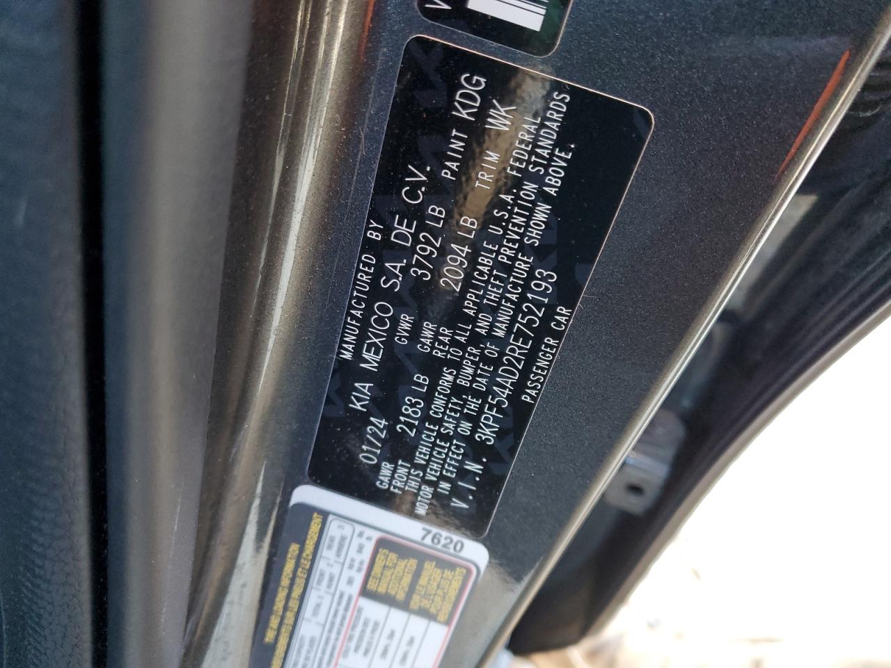 2024 Kia Forte Gt Line VIN: 3KPF54AD2RE752193 Lot: 87964915