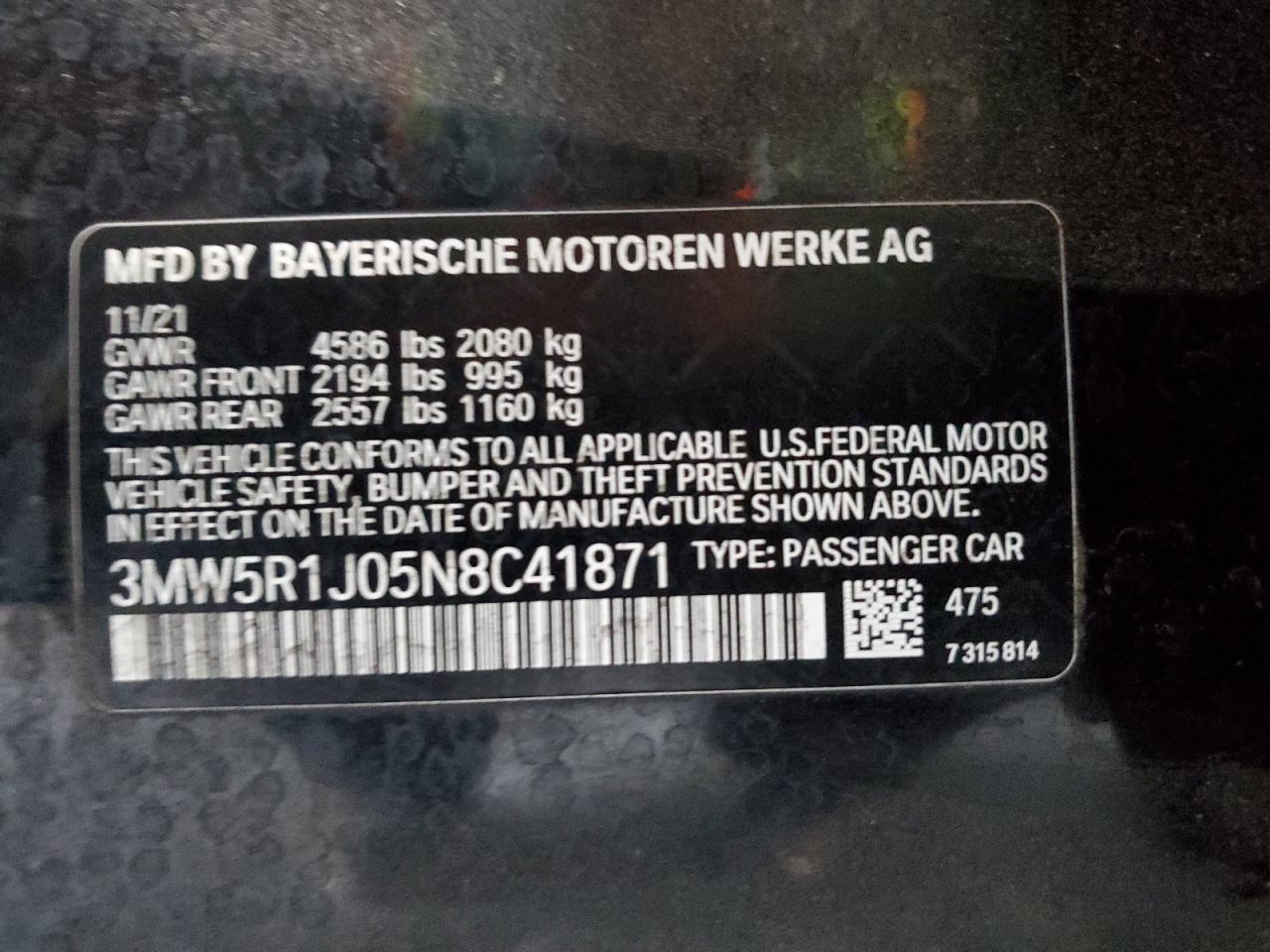 2022 BMW 330I VIN: 3MW5R1J05N8C41871 Lot: 89191555