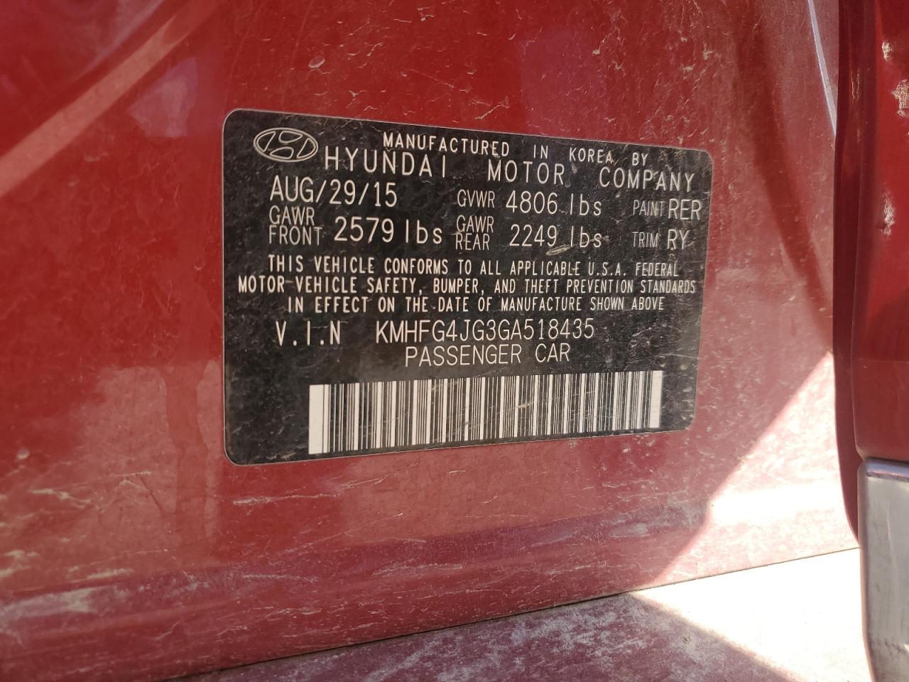 VIN KMHFG4JG3GA518435 2016 HYUNDAI AZERA no.12