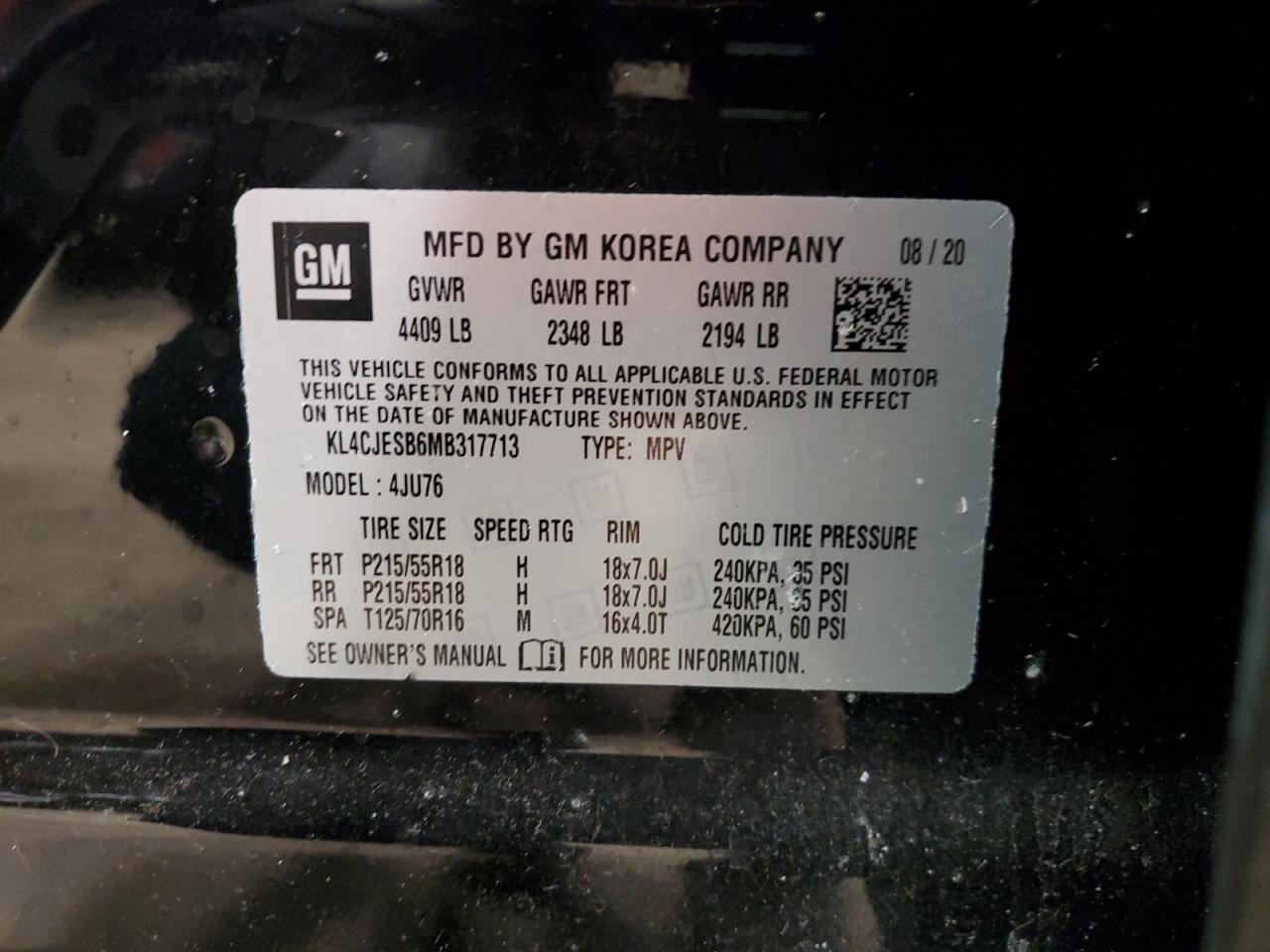 2021 Buick Encore Preferred VIN: KL4CJESB6MB317713 Lot: 87439094