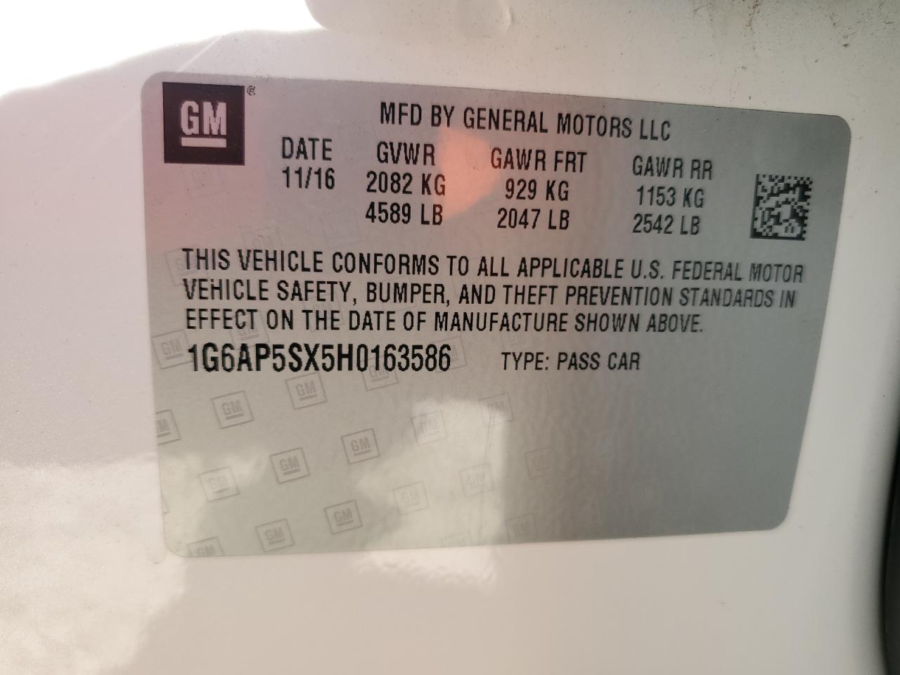 2017 Cadillac Cts VIN: 1G6AP5SX5H0163586 Lot: 42377785