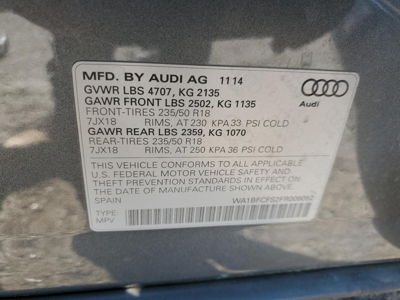 VIN WA1BFCFS2FR008052 2015 AUDI Q3 no.14