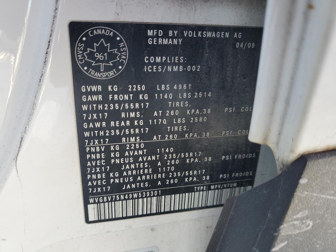 2009 Volkswagen Tiguan Se VIN: WVGBV75N49W53930 Lot: 88675305