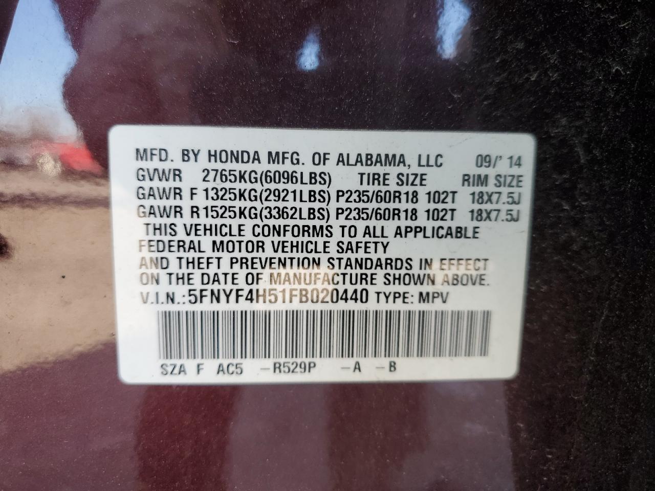 VIN 5FNYF4H51FB020440 2015 HONDA PILOT no.13