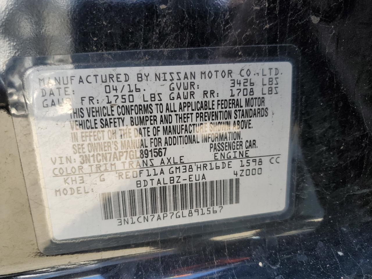 VIN 3N1CN7AP7GL891567 2016 NISSAN VERSA no.12