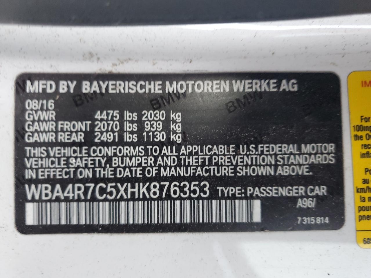 VIN WBA4R7C5XHK876353 2017 BMW 4 SERIES no.12