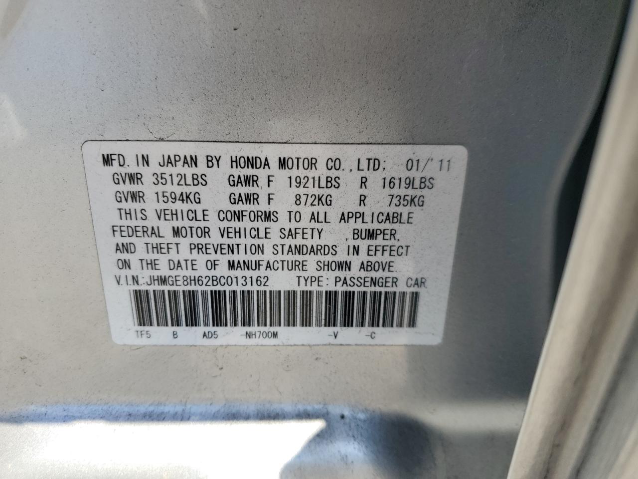 2011 Honda Fit Sport VIN: JHMGE8H62BC013162 Lot: 87523205