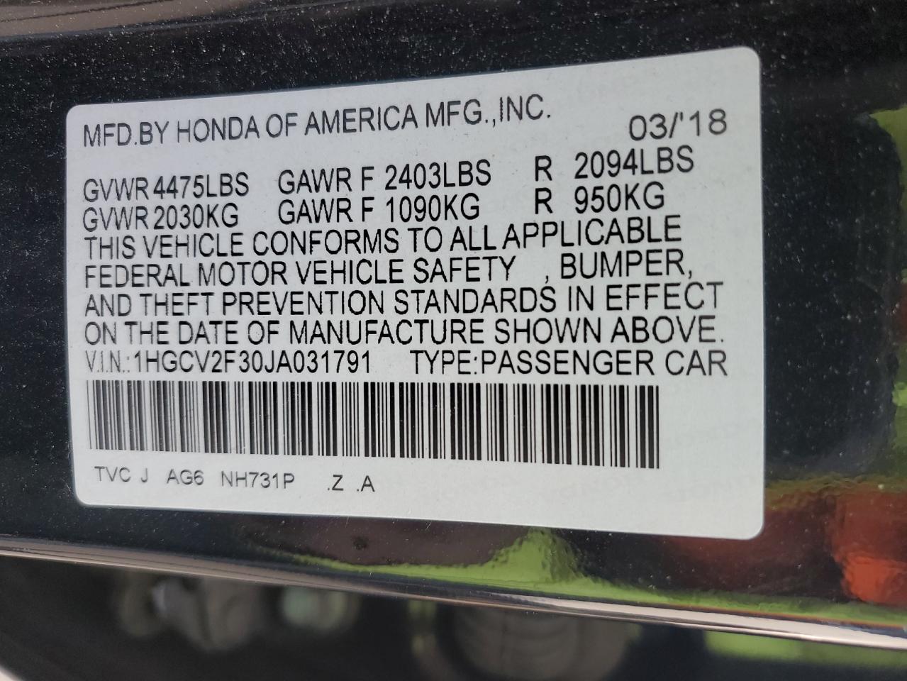 VIN 1HGCV2F30JA031791 2018 HONDA ACCORD no.13