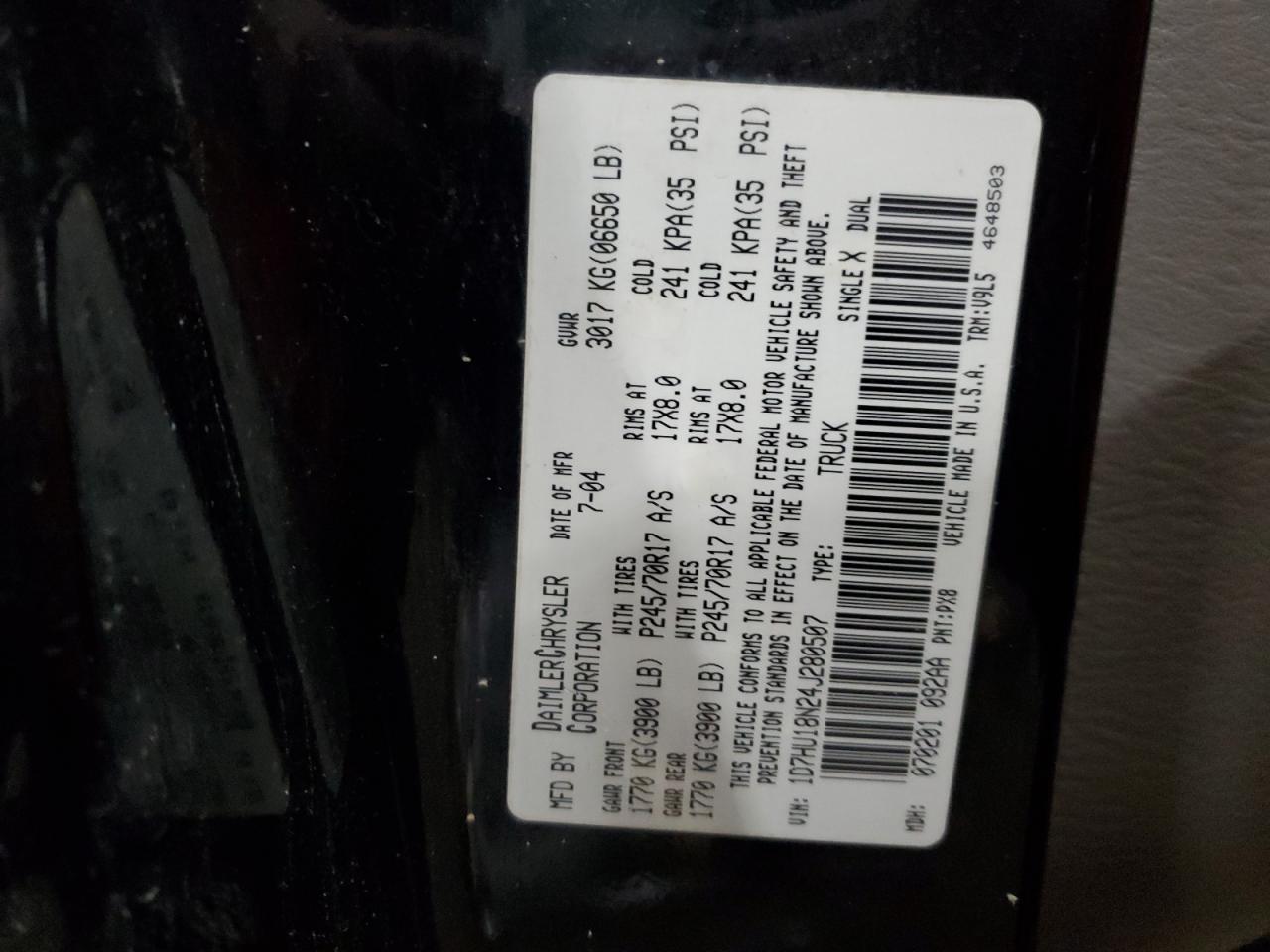 2004 Dodge Ram 1500 St VIN: 1D7HU18N24J280507 Lot: 88068865