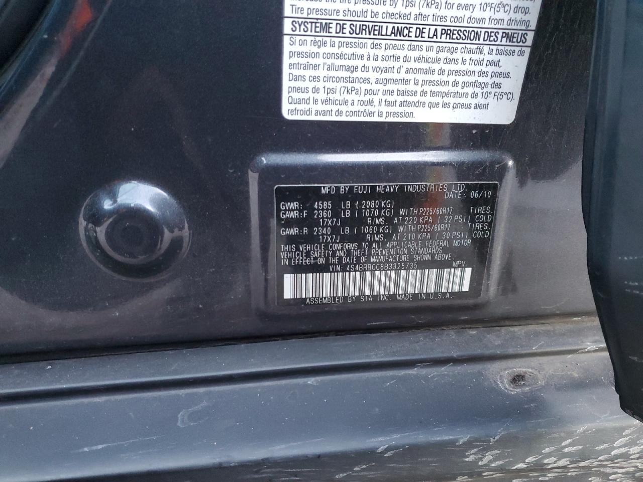 2011 Subaru Outback 2.5I Premium VIN: 4S4BRBCC8B3325735 Lot: 87722625