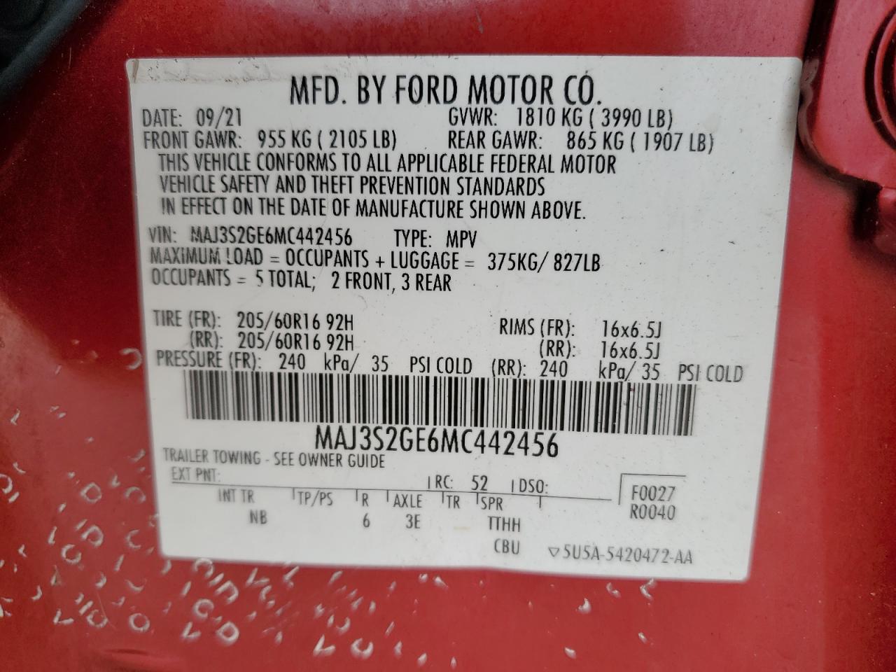 2021 Ford Ecosport Se VIN: MAJ3S2GE6MC442456 Lot: 87404214