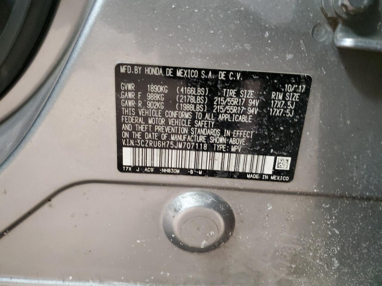 2018 Honda Hr-V Exl VIN: 3CZRU6H75JM707118 Lot: 88138725