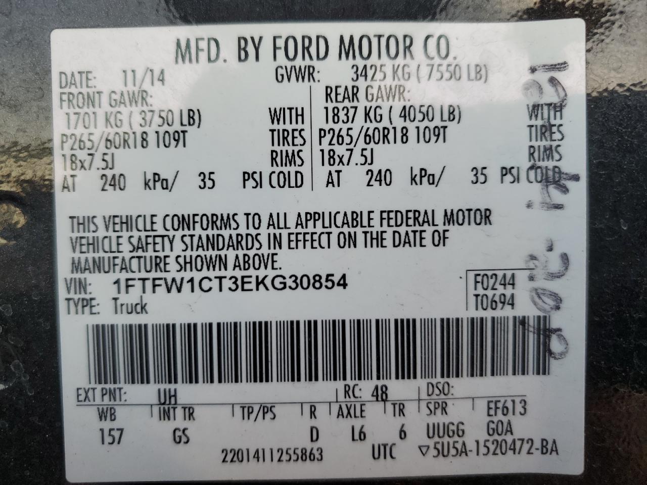 VIN 1FTFW1CT3EKG30854 2014 FORD F-150 no.12