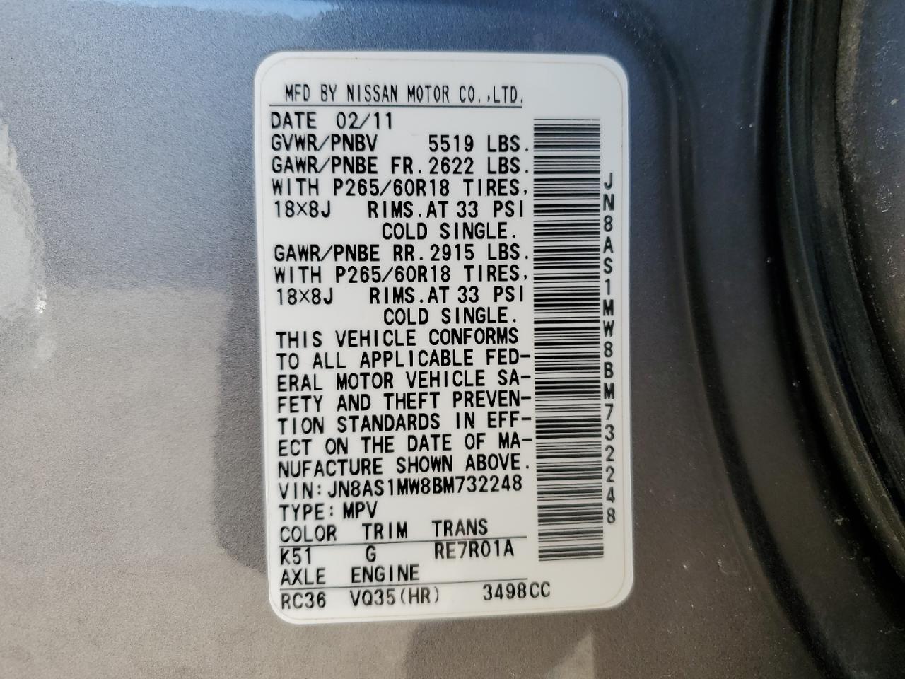 2011 Infiniti Fx35 VIN: JN8AS1MW8BM732248 Lot: 88245595
