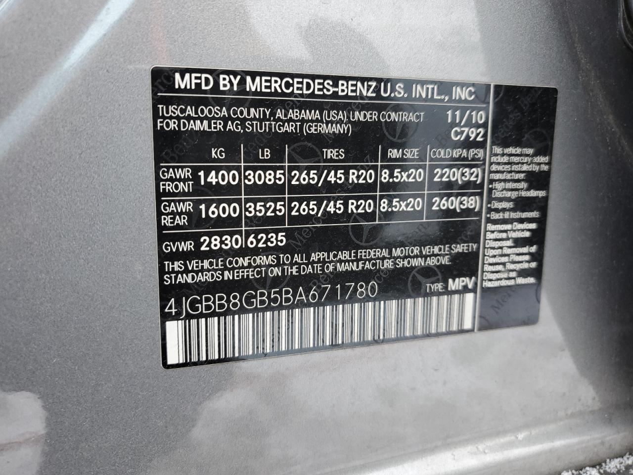 2011 Mercedes-Benz Ml 350 4Matic VIN: 4JGBB8GB5BA671780 Lot: 88663395