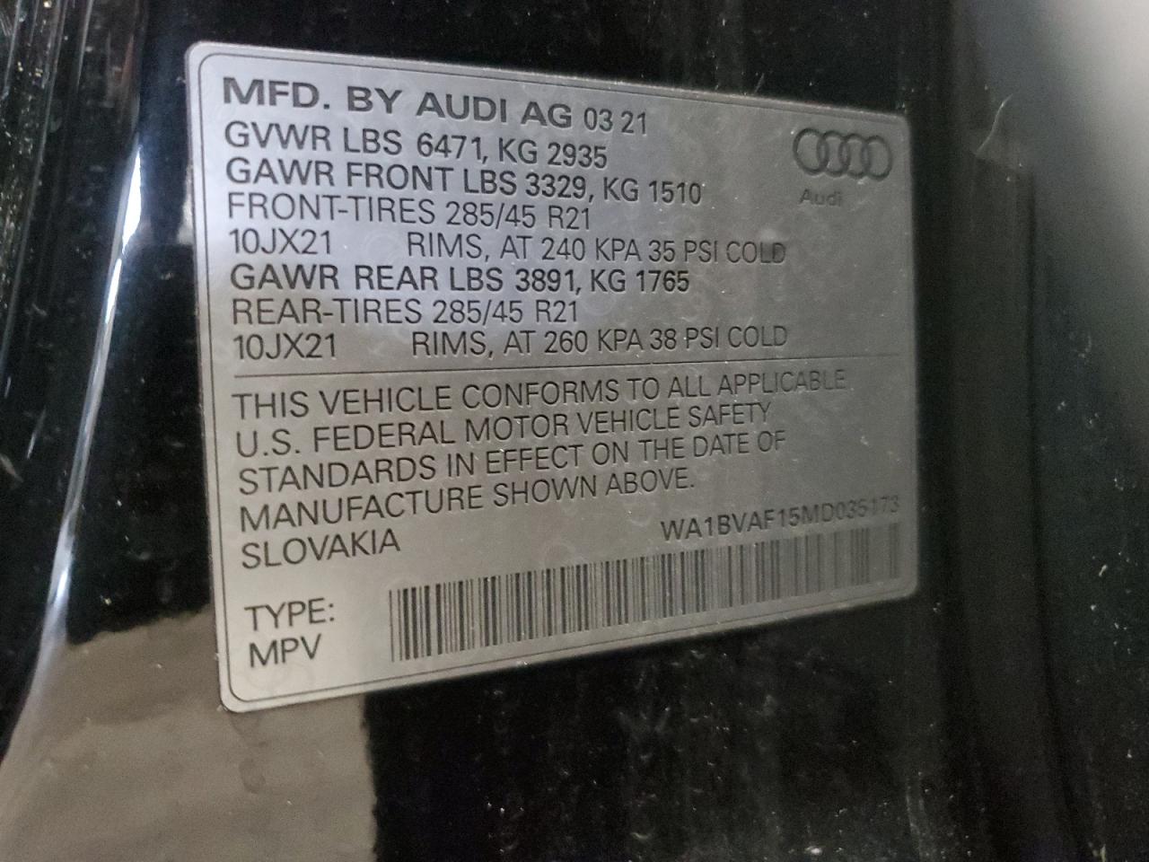 VIN WA1BVAF15MD035173 2021 AUDI Q8 no.13