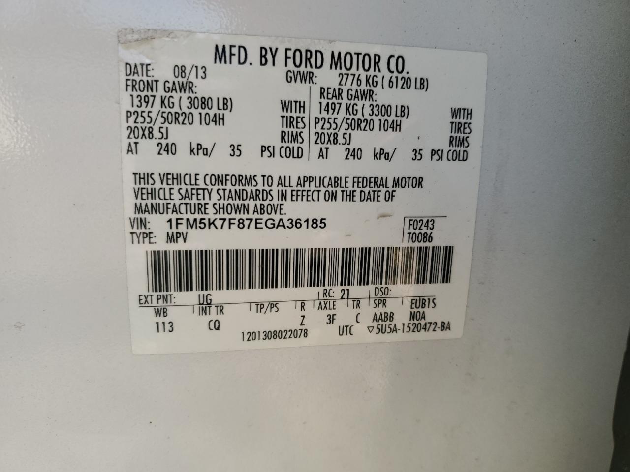 VIN 1FM5K7F87EGA36185 2014 FORD EXPLORER no.13