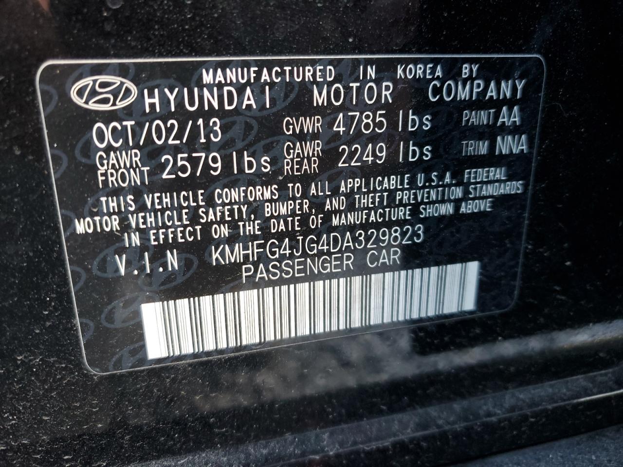 VIN KMHFG4JG4DA329823 2013 HYUNDAI AZERA no.12