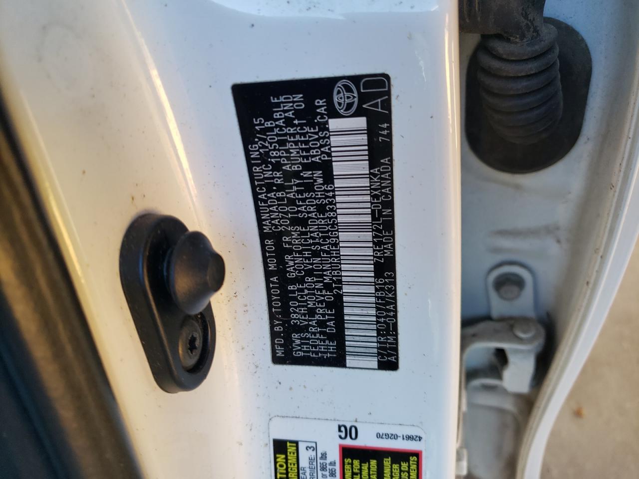 2016 Toyota Corolla L VIN: 2T1BURHE9GC583346 Lot: 87508055