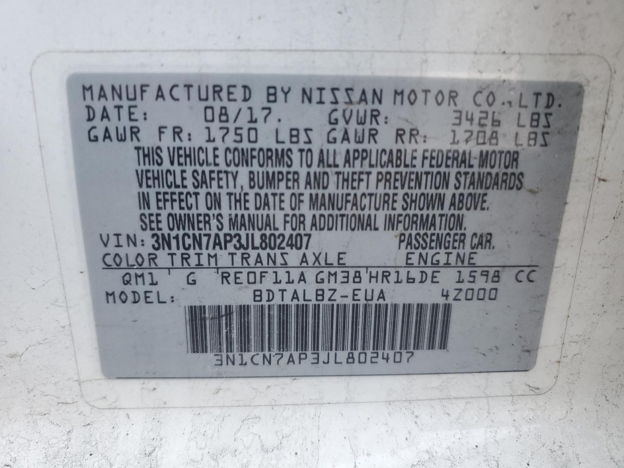 VIN 3N1CN7AP3JL802407 2018 NISSAN VERSA no.12