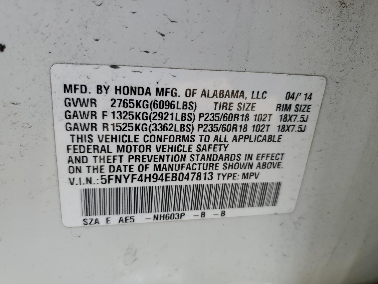 VIN 5FNYF4H94EB047813 2014 HONDA PILOT no.13